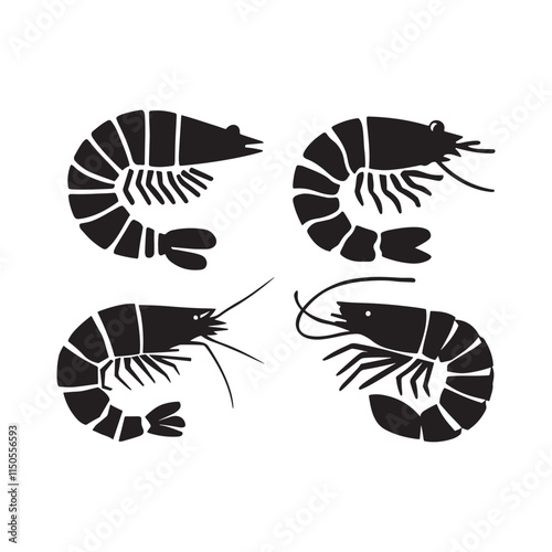 Four Black and White Shrimp Silhouettes