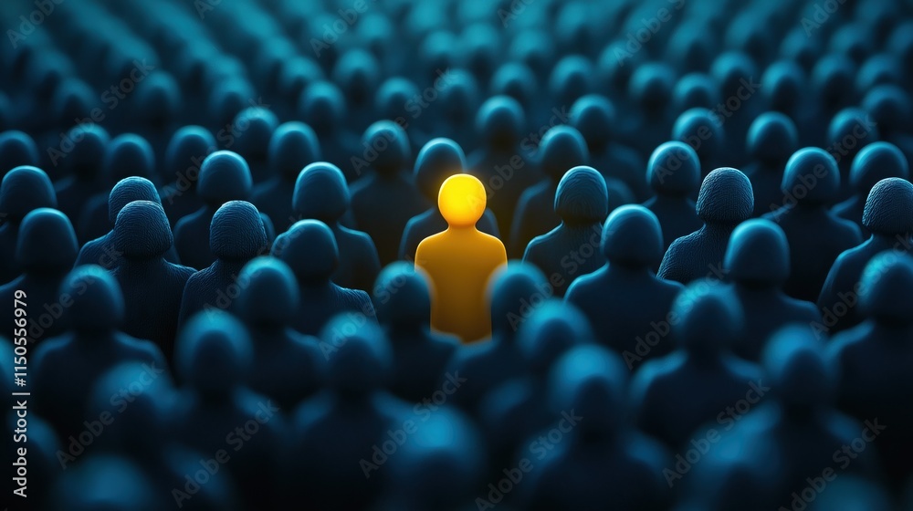 Obraz premium Unique yellow figure standing out in a crowd of blue figures
