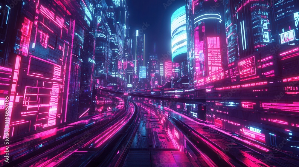 Futuristic Neon Cityscape with Bright Lights and Reflections at Night