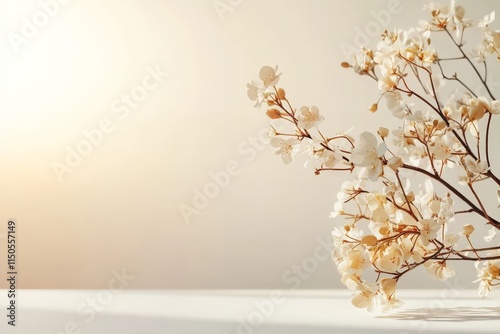 Blossoming cherry branches contrast softly with a warm golden glow at sunrise photo