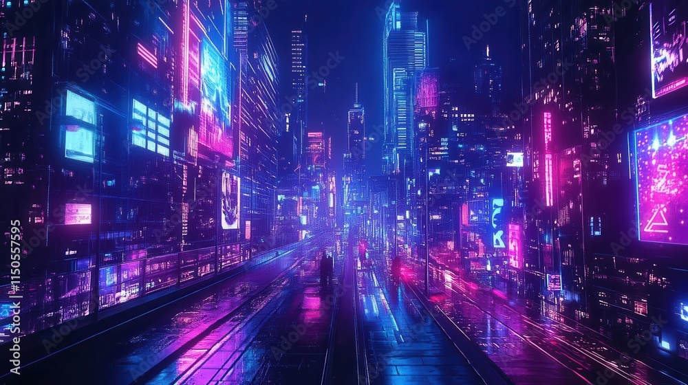 Vibrant Neon Cityscape at Night with Futuristic Urban Atmosphere Vibrant Neon Cityscape at Night with Futuristic Urban Atmosphere