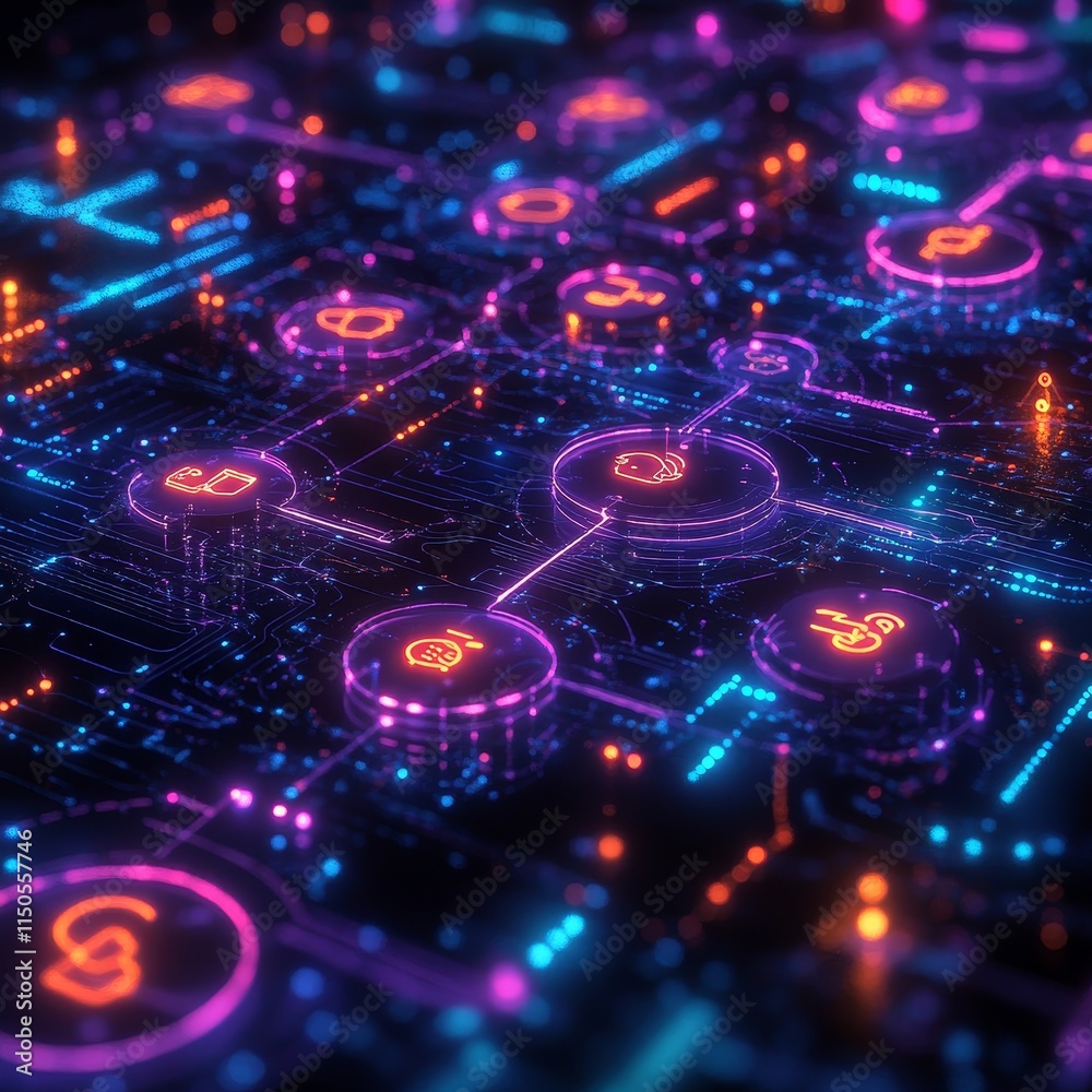 Vibrant Neon Circuit Board With Interconnected Nodes Depicting Technology and Digital Communication at Night Vibrant Neon Circuit Board With Interconnected Nodes Depicting Technology and Digital Communication at Night