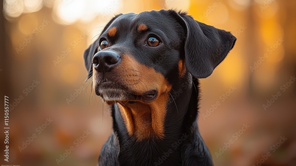 Portrait of a rottweiler puppy in an autumn forest setting with warm lighting Portrait of a rottweiler puppy in an autumn forest setting with warm lighting