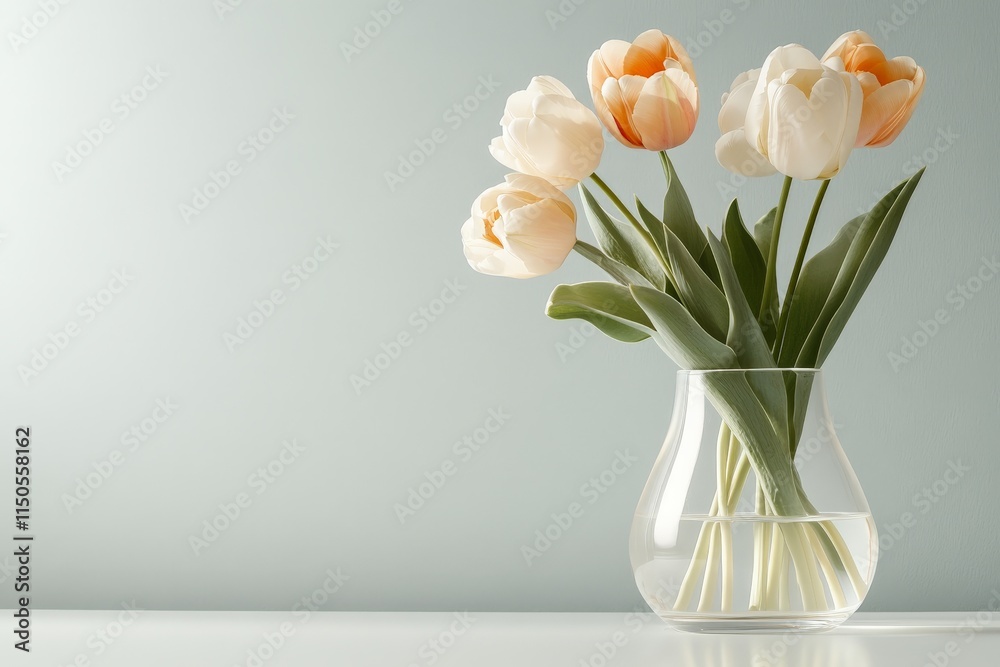 Elegant arrangement of orange and white tulips in a clear glass vase on a simple background Elegant arrangement of orange and white tulips in a clear glass vase on a simple background