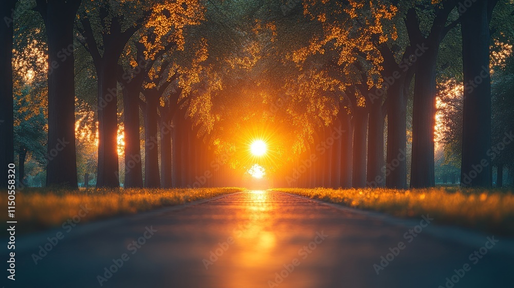 Fototapeta premium Golden sunlight illuminates a pathway lined with trees at dawn.