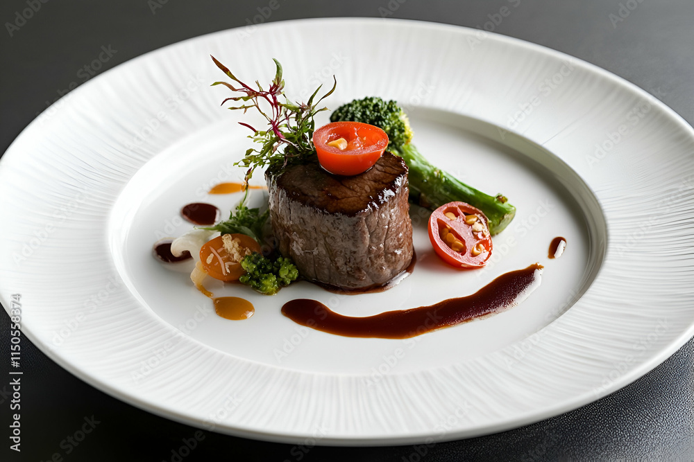 Exquisite presentation of beef fillet accompanied by fresh vegetables and flavorful sauces