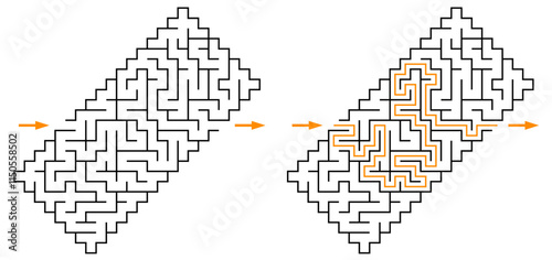 Abstract rhombus labyrinth with solution. Not hard vector maze. Black and white riddle for kids, parents and family activity