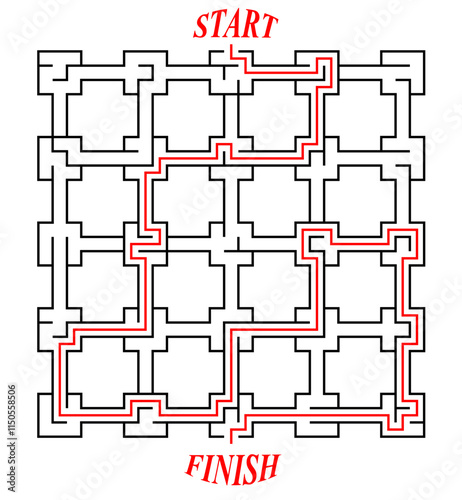 Unusual maze in a shape of a grid. Easy difficulty level black and white labyrinth with solution. Nice brainstorm puzzle