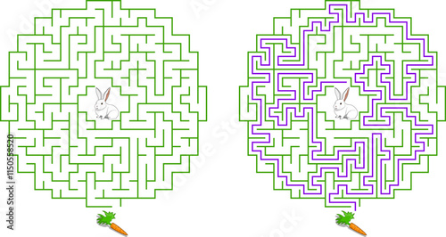 Help bunny pass through circular maze to find carrot. Feed the hungry pet labyrinth. Medium difficulty riddle for kids and parents with solution