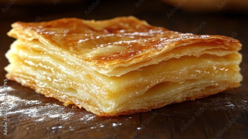 Golden-brown flaky pastry layers filled with creamy custard, dusted with powdered sugar. Golden-brown flaky pastry layers filled with creamy custard, dusted with powdered sugar.