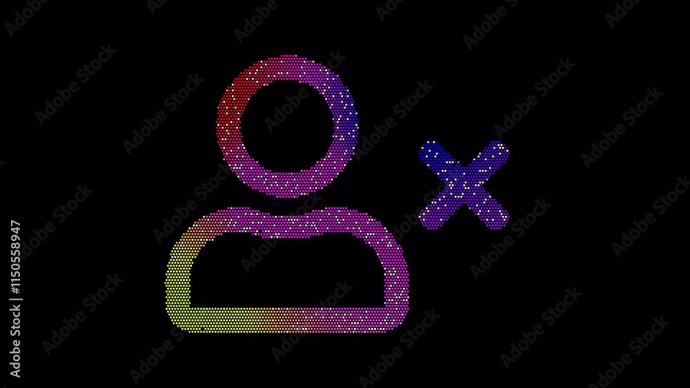 Icon user delete is made up of LED square shapes that shimmer and flicker. There are black dead diodes. In-Out looped. Alpha BW at the end Icon user delete is made up of LED square shapes that shimmer and flicker. There are black dead diodes. In-Out looped. Alpha BW at the end