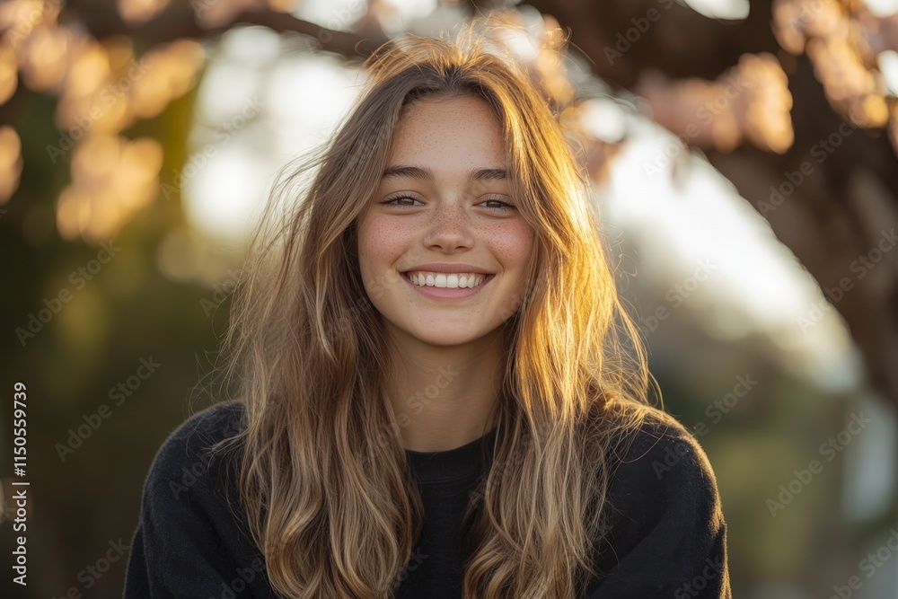Young woman smiles warmly amidst blooming flowers in a serene natural setting during golden hour