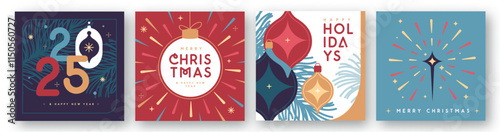 Set of Merry Christmas and Happy New Year greeting cards, covers or posters with holiday attributes. Christmas background. Flat design. Vector illustration