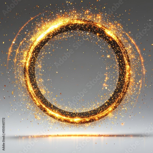 Golden shimmering circle of glittering particles on white background,  illustration copy space, Generative AI