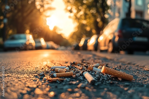 Cigarette butts polluting the street at sunset with parked cars photo