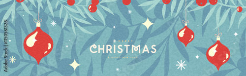 Christmas holiday background, greeting card or banner with Christmas fir tree branches, snowflakes and baubles. Vector illustration
