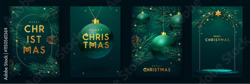 Set of Merry Christmas and Happy New Year holiday greeting cards with 3D colorful ball spheres and Christmas tree. Christmas emerald green background. Vector illustration