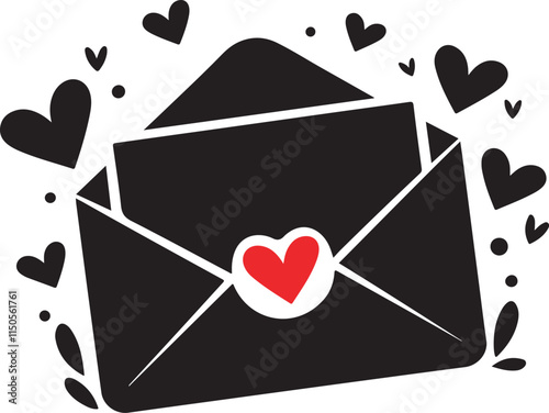 A Valentine's Day vector silhouette of an envelope with a heart seal partially opened to reveal a letter, envelope with heart