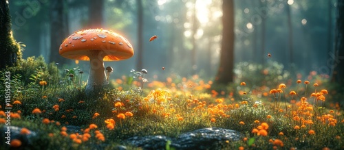 Enchanting forest with toadstool and flowers. photo