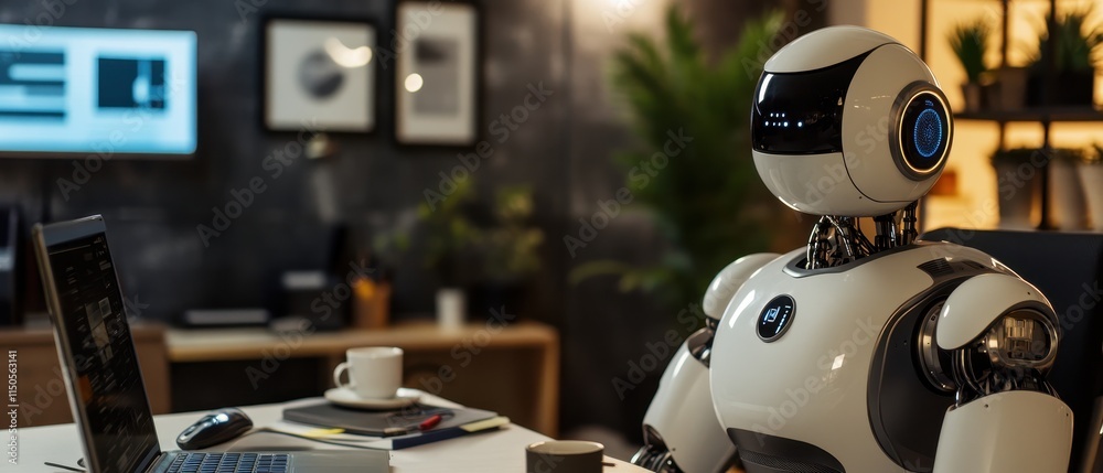 Fototapeta premium Robot assistant working in a modern office with a laptop and coffee during daytime
