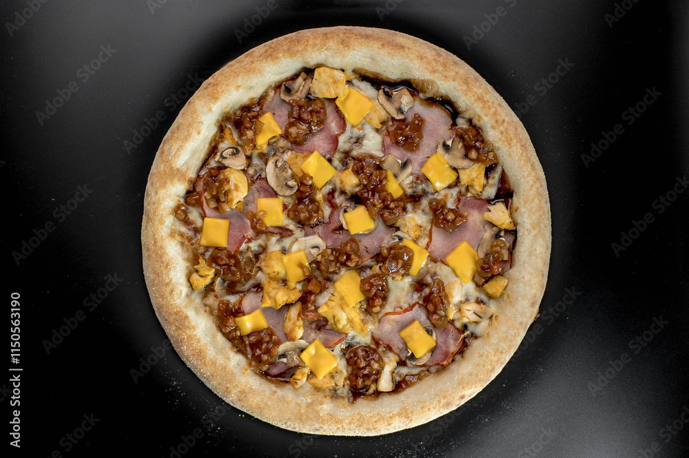 details of the pizza application; juicy pizza from the oven with mushrooms, tomatoes and bacon and sprinkled with parmesan cheese details of the pizza application; juicy pizza from the oven with mushrooms, tomatoes and bacon and sprinkled with parmesan cheese
