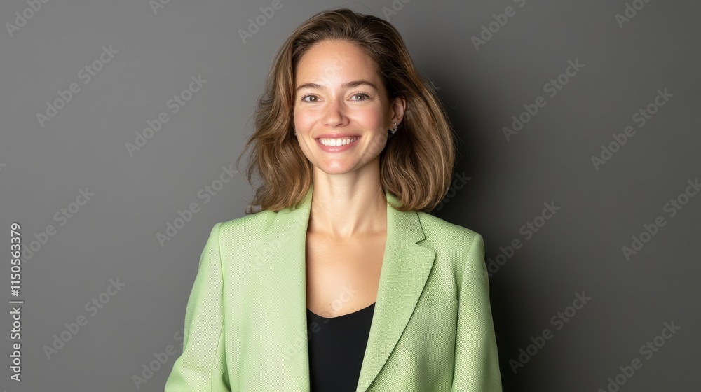 Obraz premium Confident Woman in Green Blazer - Successful, happy, professional, stylish, modern woman. Symbolizing ambition, confidence, achievement, and success.