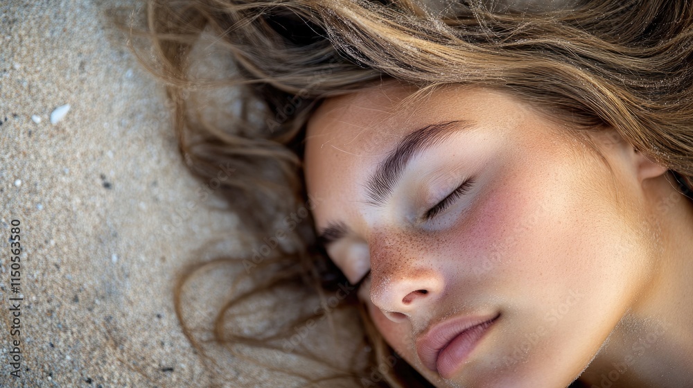 Peaceful Moment: Woman Sleeping on the Beach in Harmony, Closeup Portrait Capturing Beauty and Serenity Peaceful Moment: Woman Sleeping on the Beach in Harmony, Closeup Portrait Capturing Beauty and Serenity