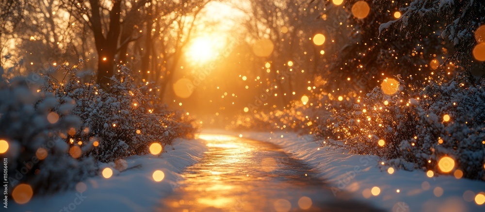 Naklejka premium Magical snowy path in winter forest at sunset.