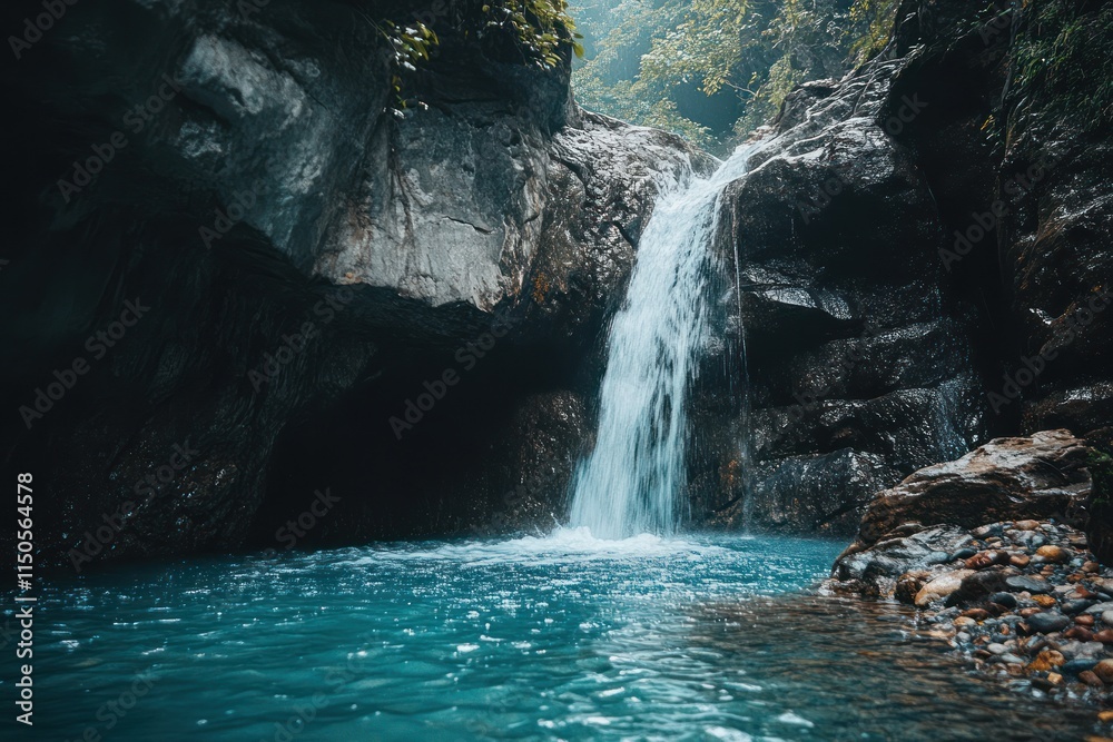 Naklejka premium Serene Waterfall Cascading into a Turquoise Pool