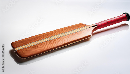 Wooden cricket bat with a red handle on white background
 photo