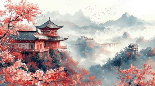 Tranquil japanese temple amid cherry blossoms and misty mountains