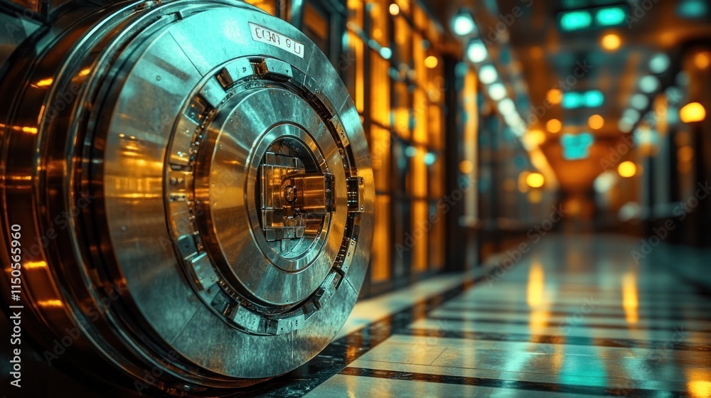 Large, metallic vault door in a modern, secure facility. Large, metallic vault door in a modern, secure facility.
