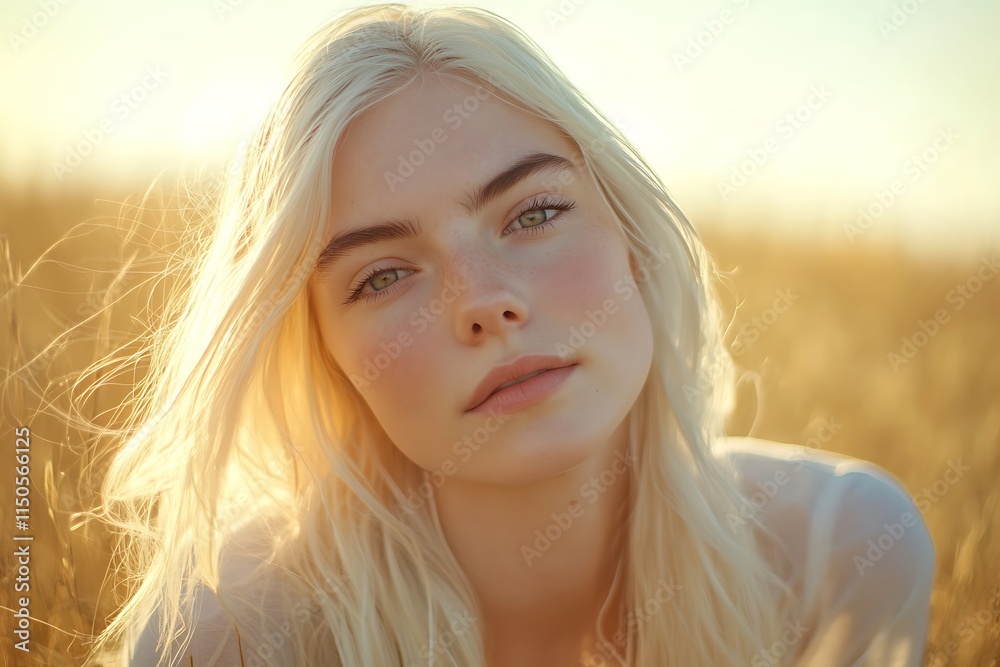 Beautiful blonde model posing in a wheat field at sunset Beautiful blonde model posing in a wheat field at sunset