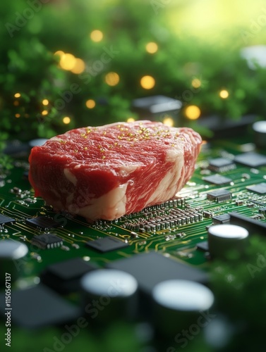  of Steak on Digital Circuitry - A succulent steak rests atop a complex circuit board, symbolizing technology, food, innovation, contrast, and the future of food production. photo