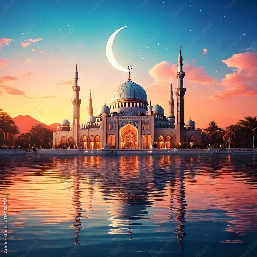 Obraz premium Stunning Mosque Silhouette Beneath a Starry Night Sky with Crescent Moon and Milky Way, Capturing the Beauty of Islamic Architecture at Twilight