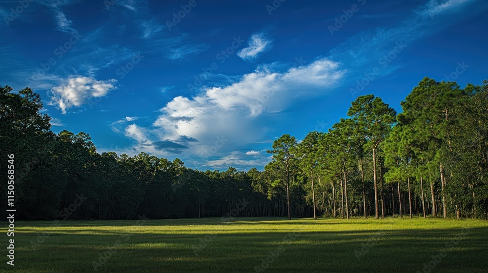 Naklejka premium Serene Landscape Featuring a Forest and Meadow Under a Blue Sky