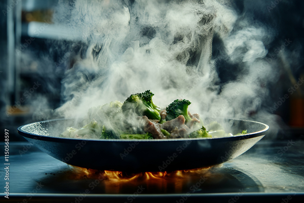 A vibrant stir-fry of meat and fresh broccoli creates a cloud of steam in a busy kitchen A vibrant stir-fry of meat and fresh broccoli creates a cloud of steam in a busy kitchen