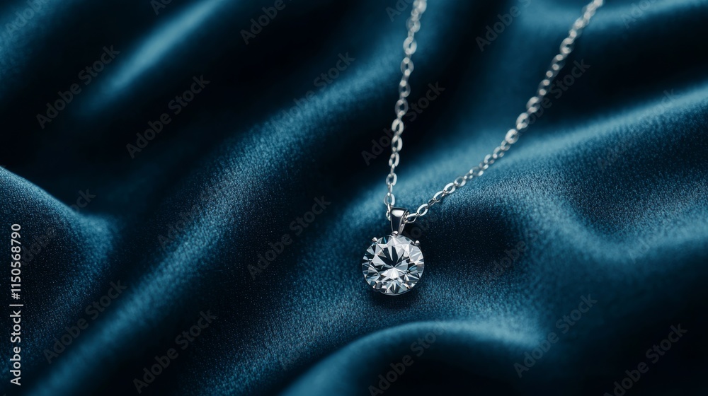A sparkling diamond pendant on a silky blue fabric background. A sparkling diamond pendant on a silky blue fabric background.