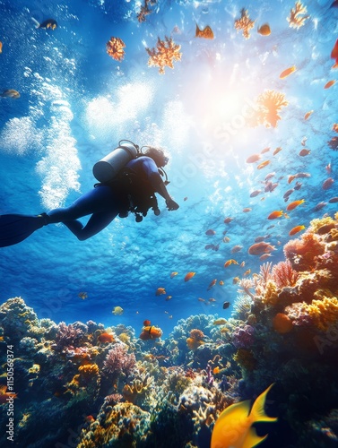 Wallpaper Mural Underwater Explorer and Vibrant Reef - A diver explores a breathtaking coral reef teeming with diverse marine life.  Adventure, discovery, serenity, beauty, and vibrant ecosystems are symbolized. Torontodigital.ca