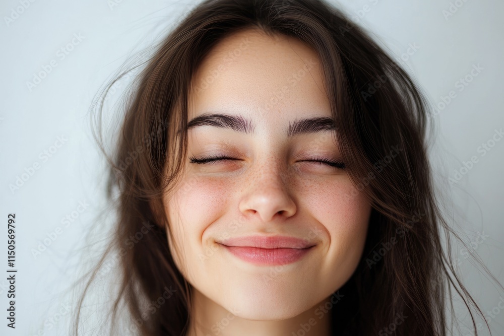 Charming Young Woman with a Playful Blink Against a Clean White Backdrop Charming Young Woman with a Playful Blink Against a Clean White Backdrop