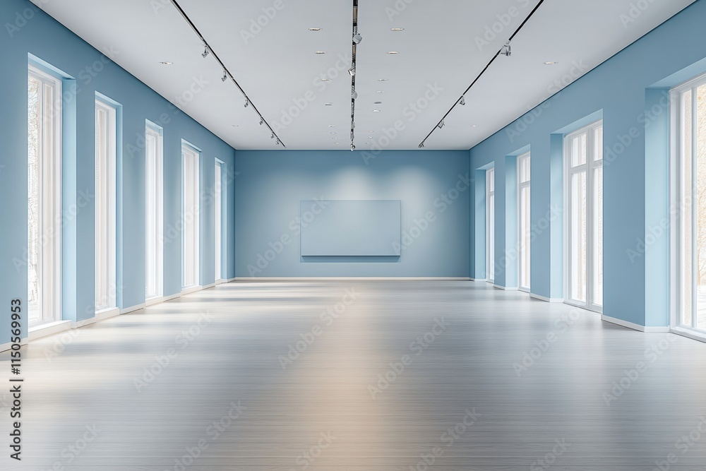 Obraz premium Elegant, Spacious Art Gallery Featuring Sleek Blue Walls and Abundant Natural Light During Daylight Hours