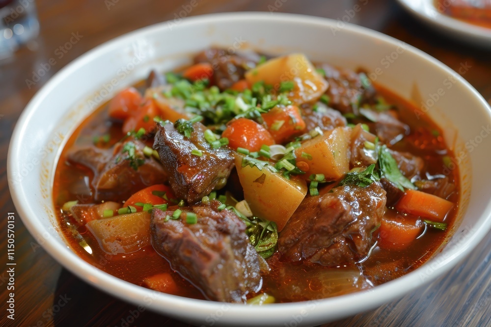Warm beef stew served in a bowl, garnished with herbs and vegetables, capturing the essence of comfort food during a winter evening Warm beef stew served in a bowl, garnished with herbs and vegetables, capturing the essence of comfort food during a winter evening