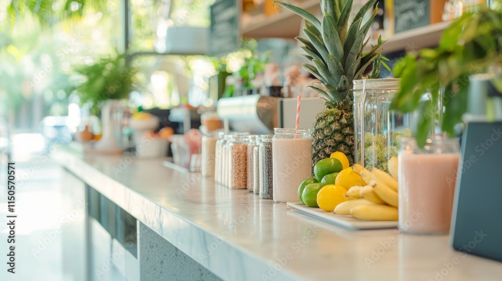 Energizing Smoothie Bar with Lion's Mane Powder: Health-Conscious Individuals Enjoy Colorful Fruit Blends in Bright Setting Energizing Smoothie Bar with Lion's Mane Powder: Health-Conscious Individuals Enjoy Colorful Fruit Blends in Bright Setting