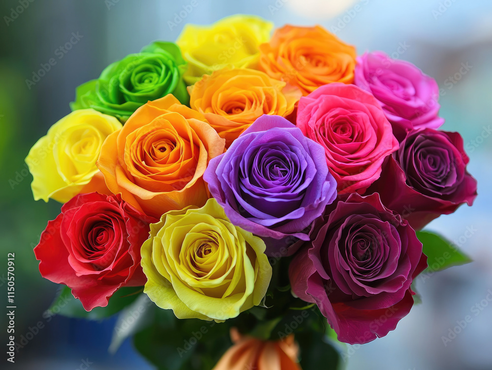 Naklejka premium vibrant bouquet of roses smooth rainbow gradient, showcasing stunning array of colors including red, orange, yellow, green, blue, purple, and pink. This floral arrangement brings joy and beauty to