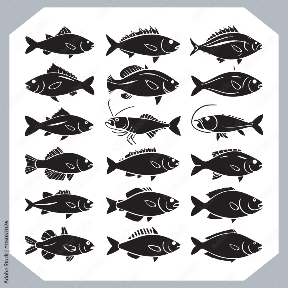 Fototapeta premium Trendy Fish Silhouette Icons with Clean and Modern Design for Creative Branding Needs in white background