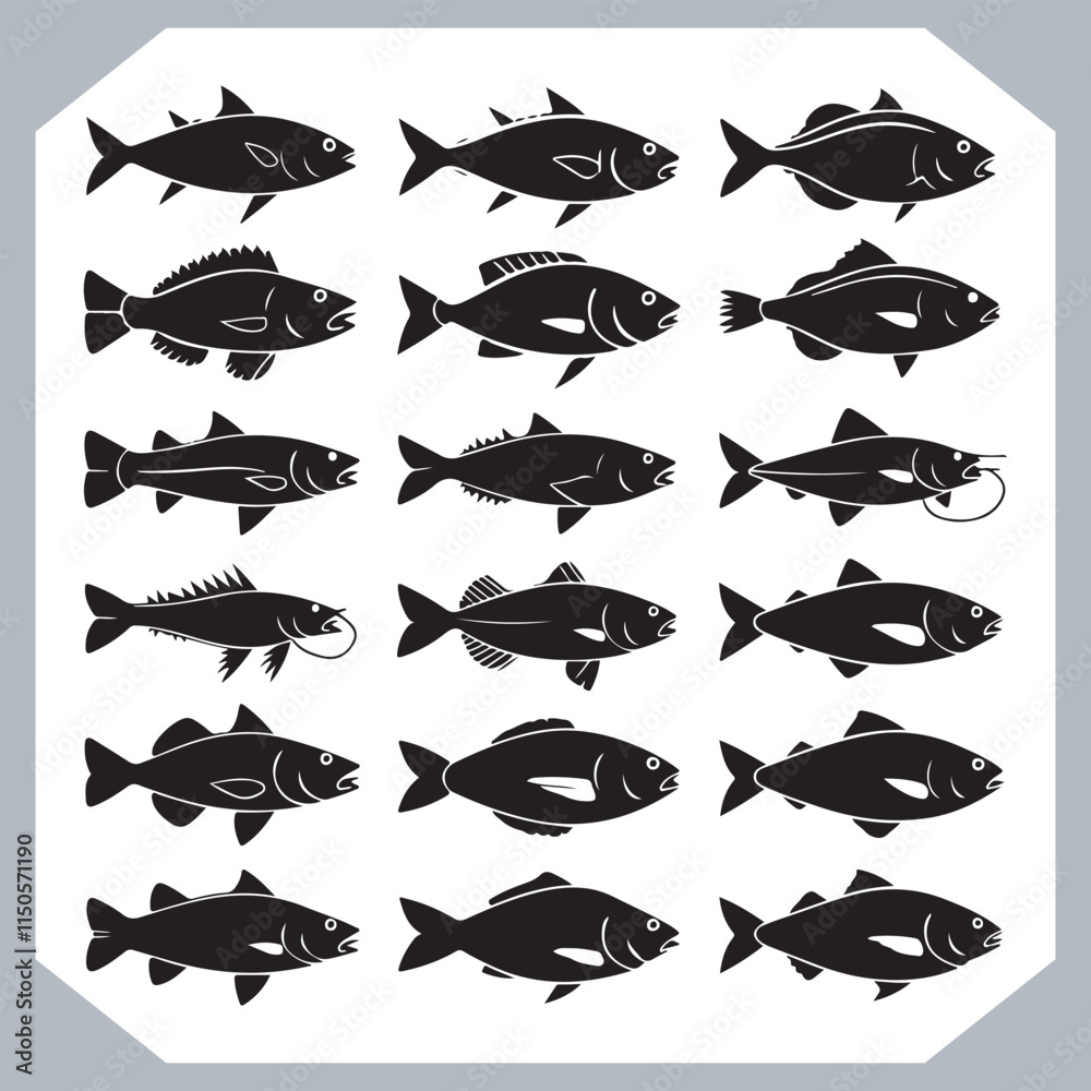 Trendy Fish Silhouette Icons with Clean and Modern Design for Creative Branding Needs in white background Trendy Fish Silhouette Icons with Clean and Modern Design for Creative Branding Needs in white background