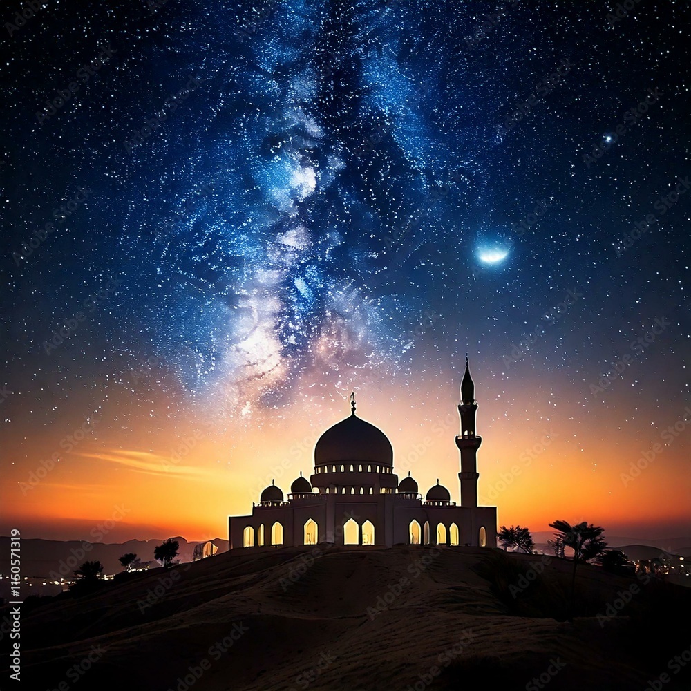 Enchanting Mosque Silhouette Under a Starry Night Sky with Crescent Moon and Milky Way Glow, Illuminated by a Stunning Sunset Horizon Enchanting Mosque Silhouette Under a Starry Night Sky with Crescent Moon and Milky Way Glow, Illuminated by a Stunning Sunset Horizon