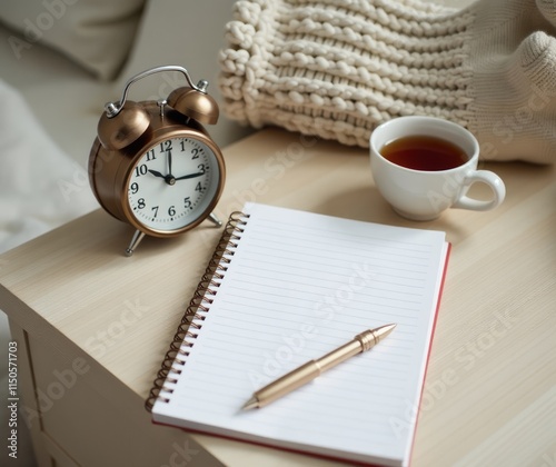 Tech-Free Morning Routine with Notebook, Herbal Tea and Cozy Details. Perfect for promoting digital detox concepts, mindfulness campaigns, or wellness product marketing.   photo