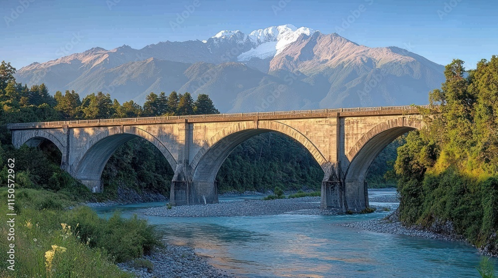 Majestic stone arch bridge spanning a river, with snow-capped mountains in the background. Lush greenery surrounds the water. Majestic stone arch bridge spanning a river, with snow-capped mountains in the background. Lush greenery surrounds the water.