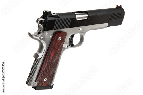 Modern semi-automatic handgun with wooden grips on a white background. photo